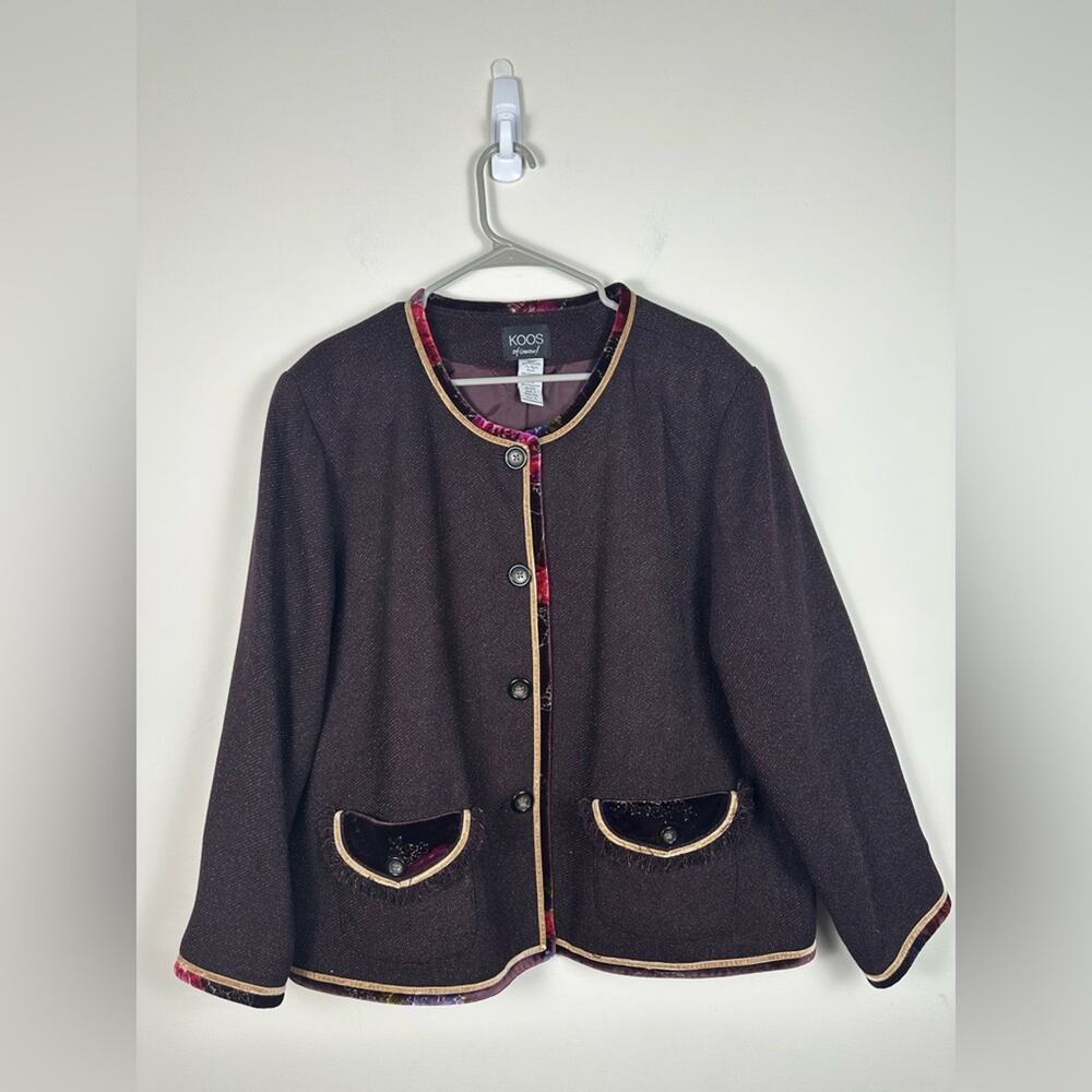 Koos Of Course Jacket Women 1X Brown Excellent Artsy Velvet Trim Floral Blazer